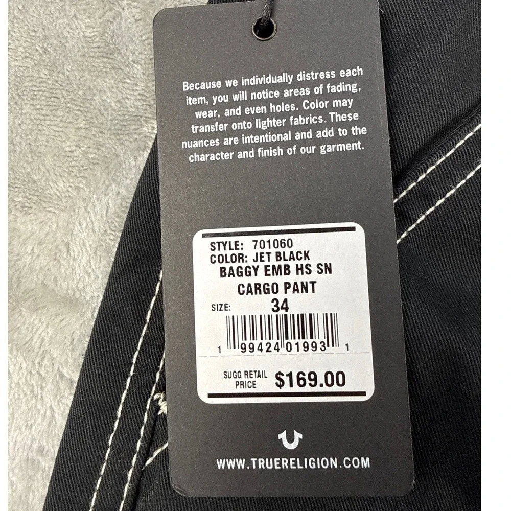 True Religion Cargo Pants Mens 34 Baggy EMB HS SN Jet Black Contrast Stitch NEW